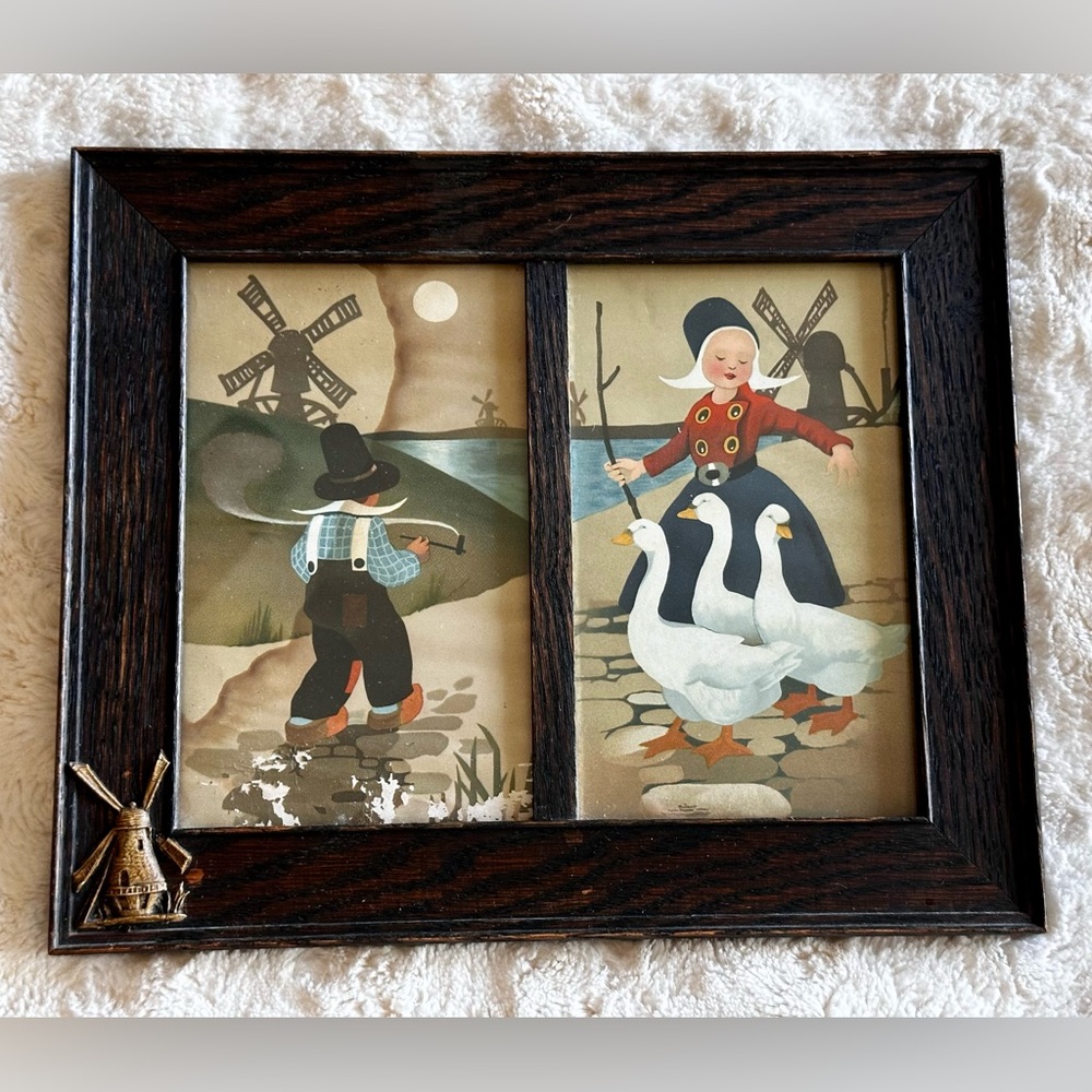 Vintage wooden frame w/Windmill accent & Dutch countryside scene art lithographs